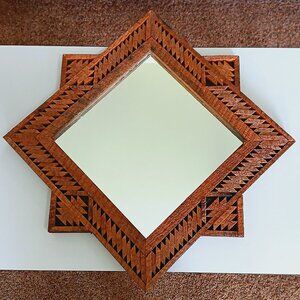 Rough Wood Frame with Wall Mirror Diamond shaped 19.75 inches
